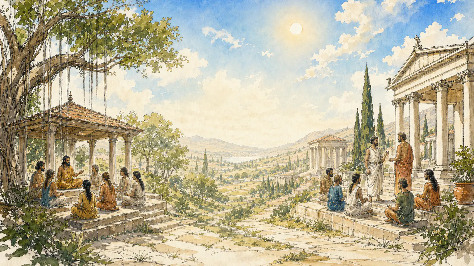 A diverse group of learners in an ink and watercolor panorama joining a gurukul and a Greek academy beneath a blue sky